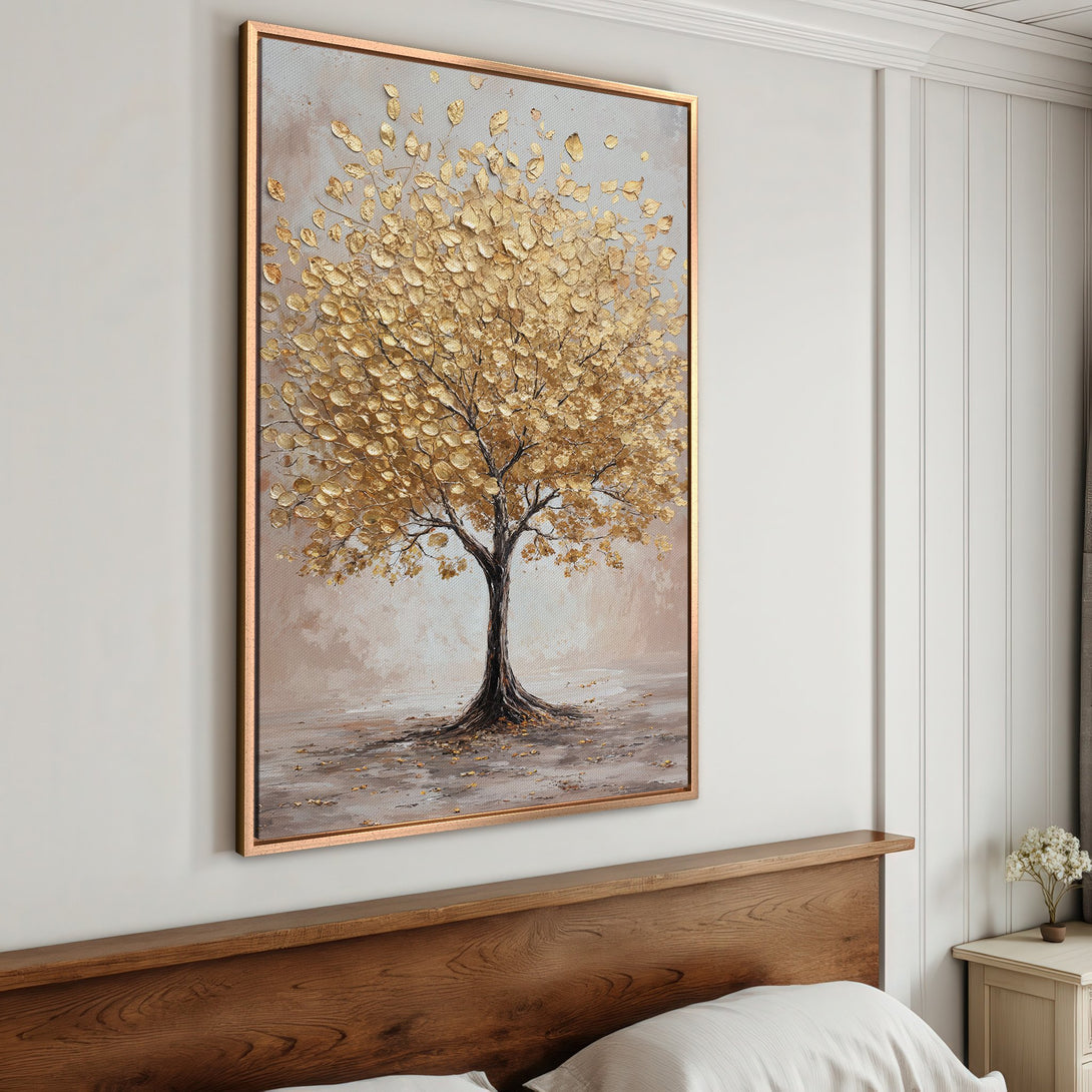 Framed Wall Art: Golden tree painting in neutral tones. Add elegance to your space with this textured canvas print. Perfect for bedroom decor!