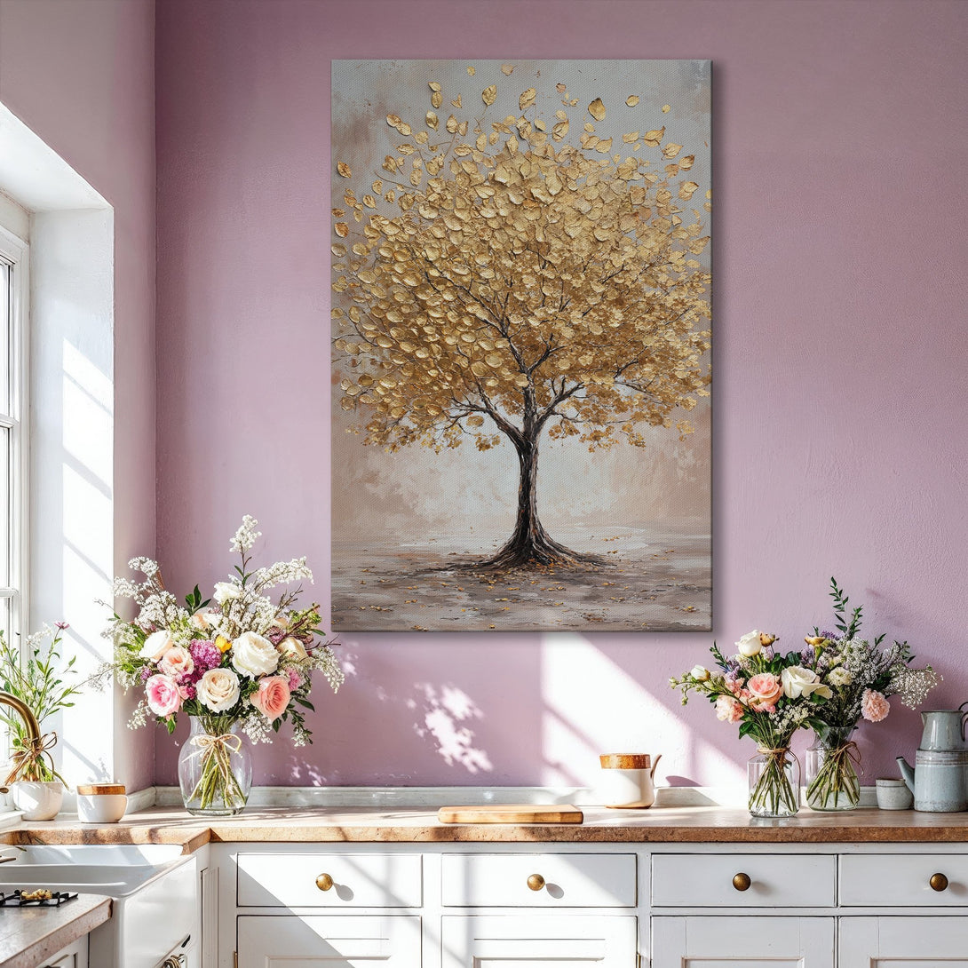 Framed Wall Art: Stunning gold leaf tree painting in a modern living room. Warm neutral color palette creates a luxurious and inviting atmosphere.