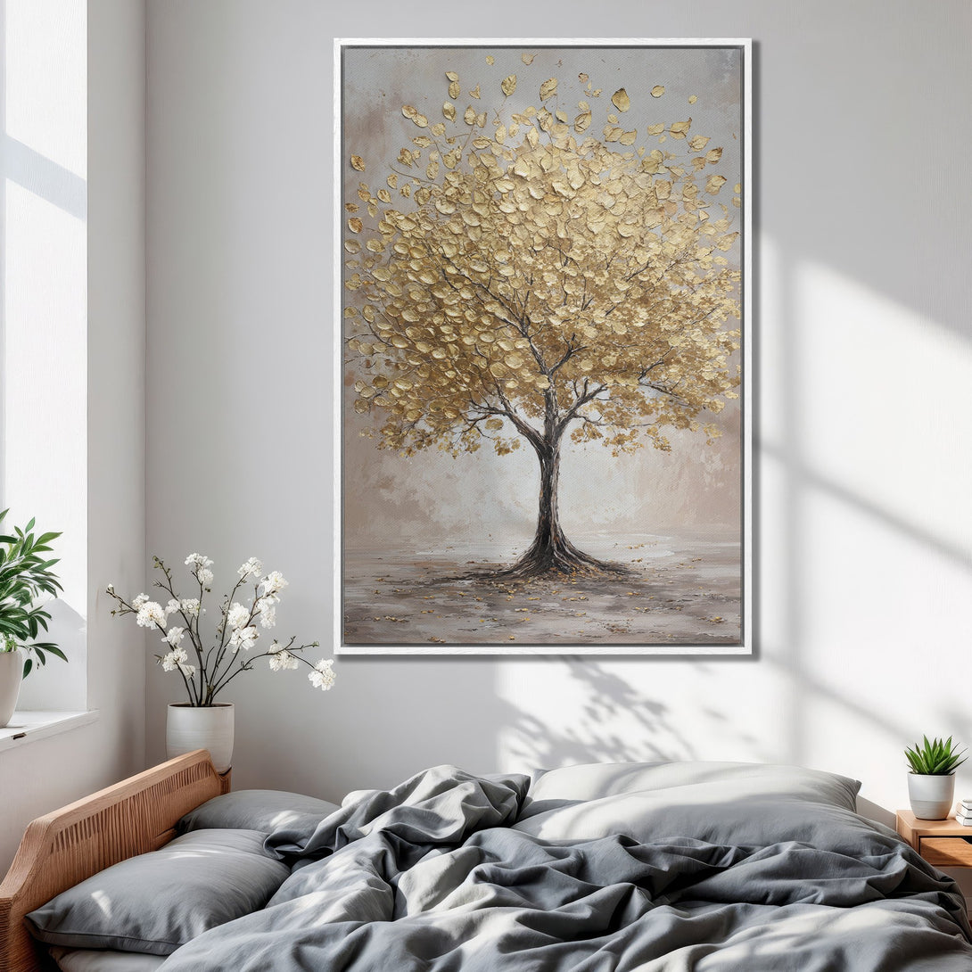 Framed Wall Art: Golden tree painting in a bedroom. Neutral color palette with gold and beige tones. Modern art for home decor.