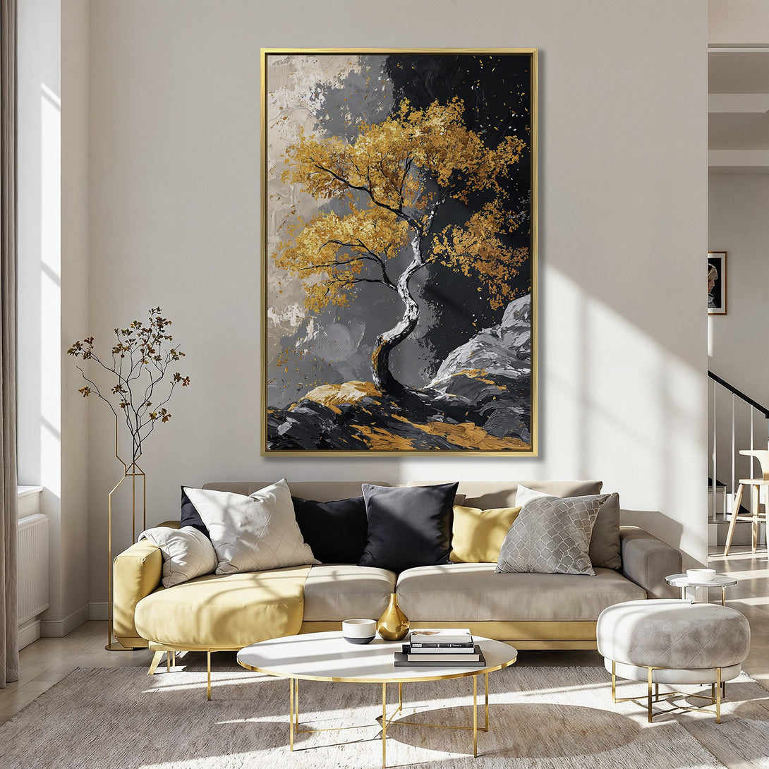 Canvas Print: Abstract tree art in gold, black, and gray. Modern wall decor for a stylish home.