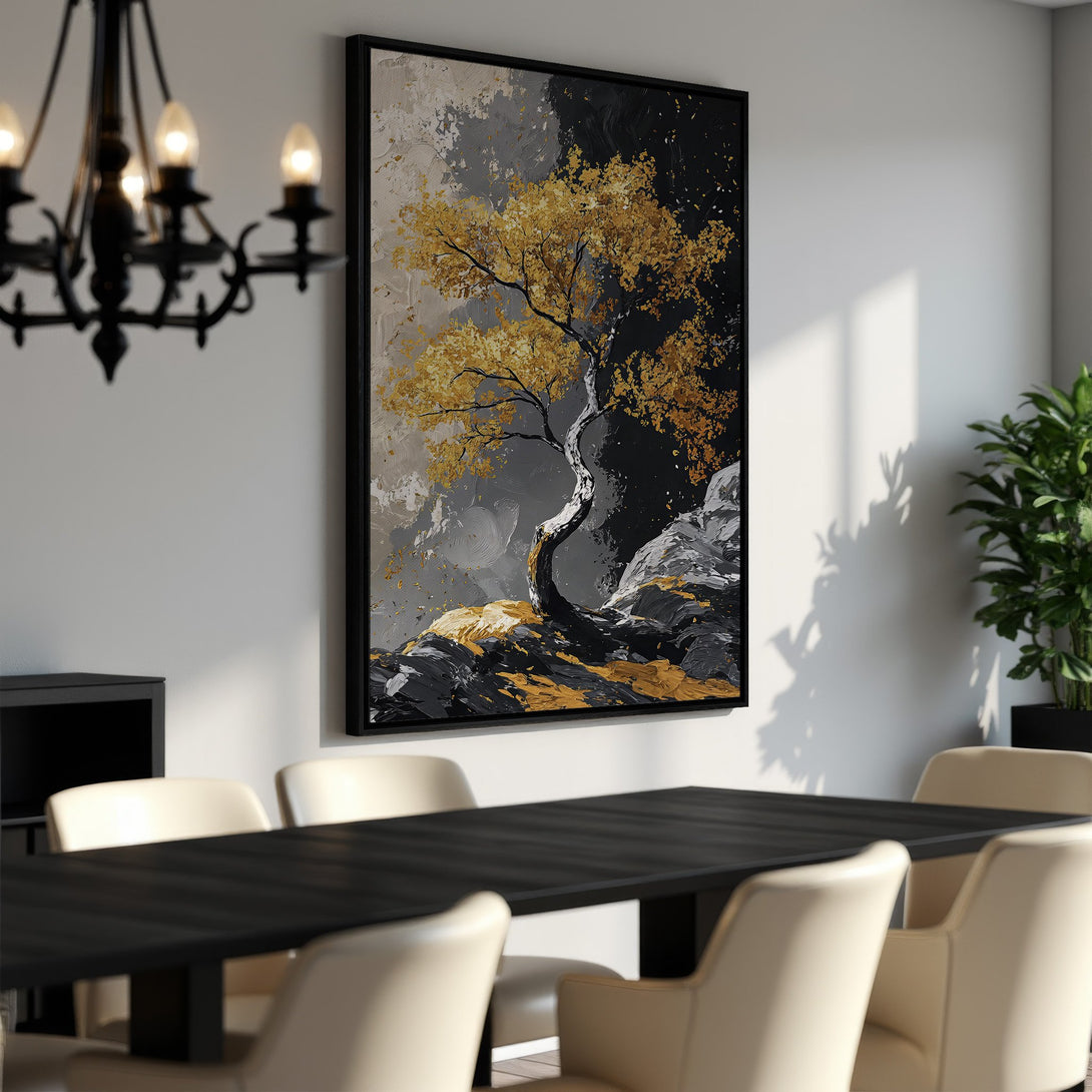 Framed Wall Art: Abstract gold tree painting in a modern dining room. Gold, gray, and black color palette. Elevate your space with this stunning canvas print!
