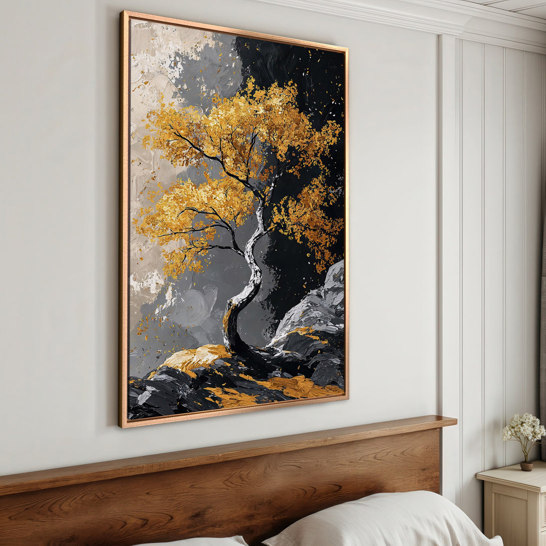 Framed Wall Art: Abstract tree painting in gold, black, and gray. Modern art for your home. Enhance your decor with this canvas print.