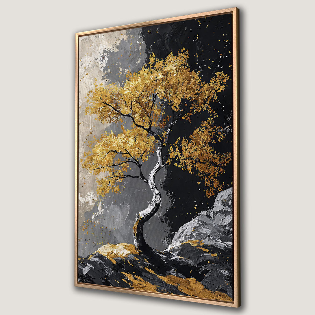 Framed Wall Art: Abstract gold tree painting on canvas. Modern art with black, gray, and gold color palette. Perfect for home decor.