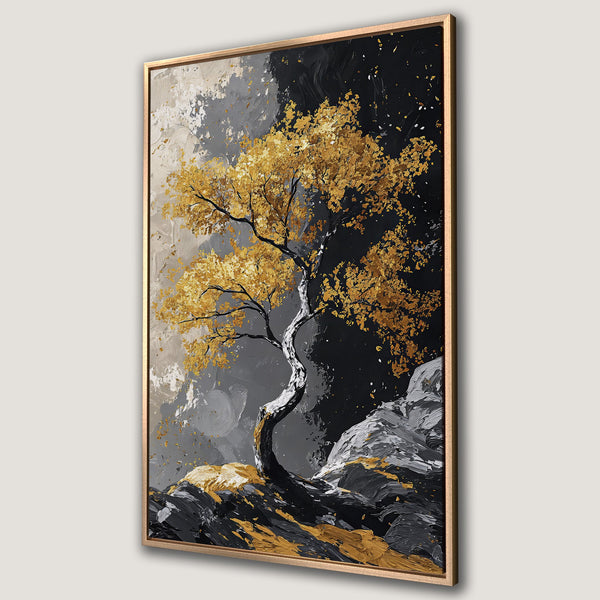 Framed Wall Art: Abstract gold tree painting on canvas. Modern art with black, gray, and gold color palette. Perfect for home decor.