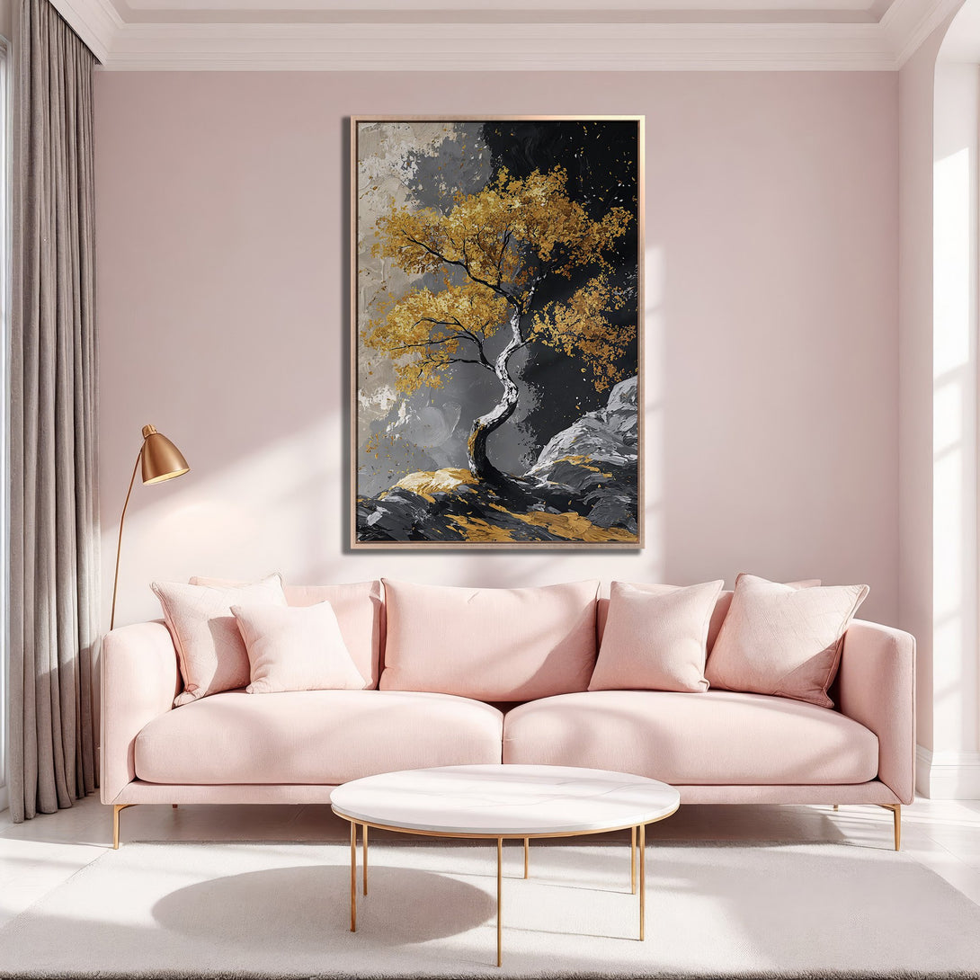 Framed Wall Art of a golden tree in an abstract style, displayed in a modern living room with a pink and gold color palette.