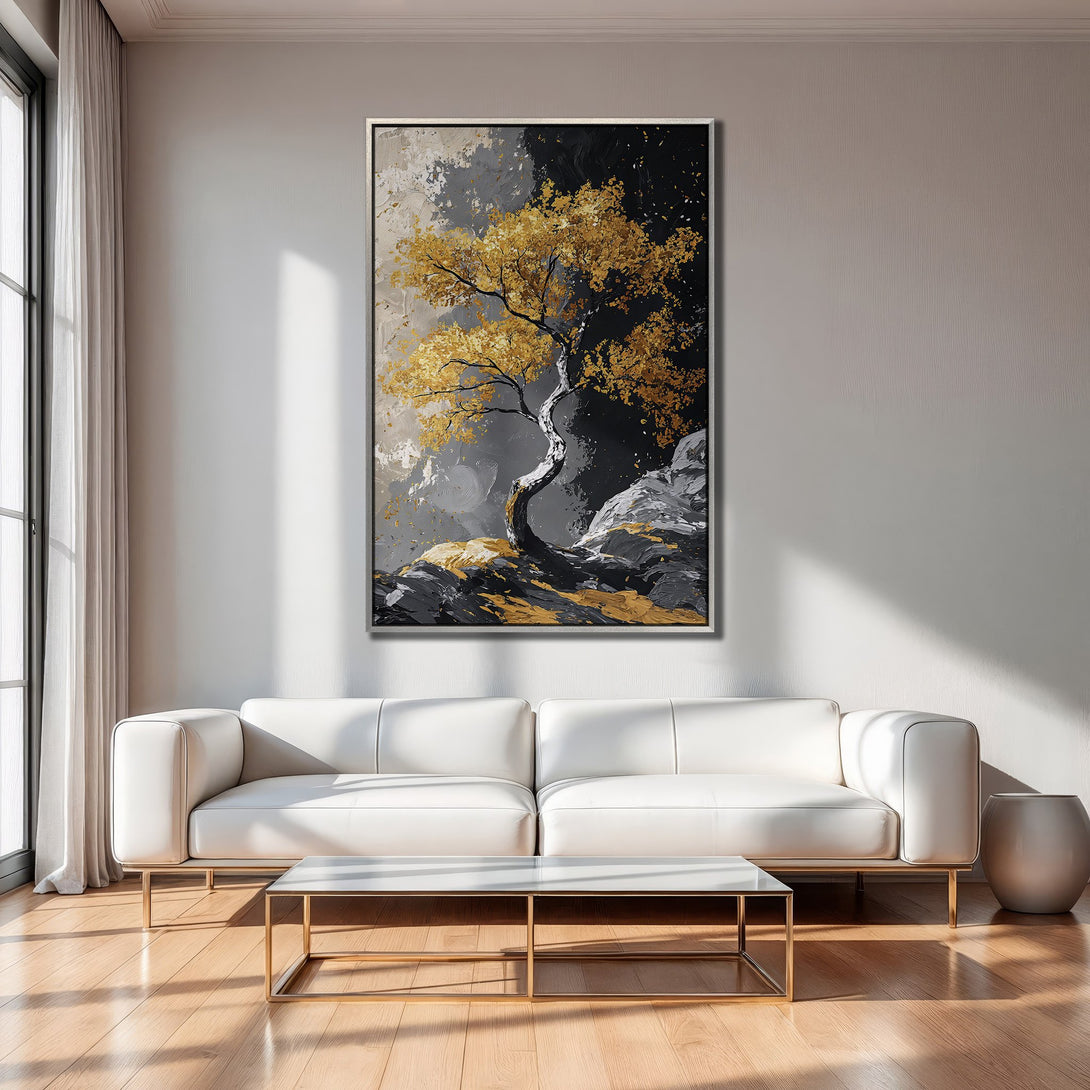 Framed Wall Art: Abstract tree painting with gold and gray tones. Modern art for home decor. Enhance your living room with this stunning canvas print.