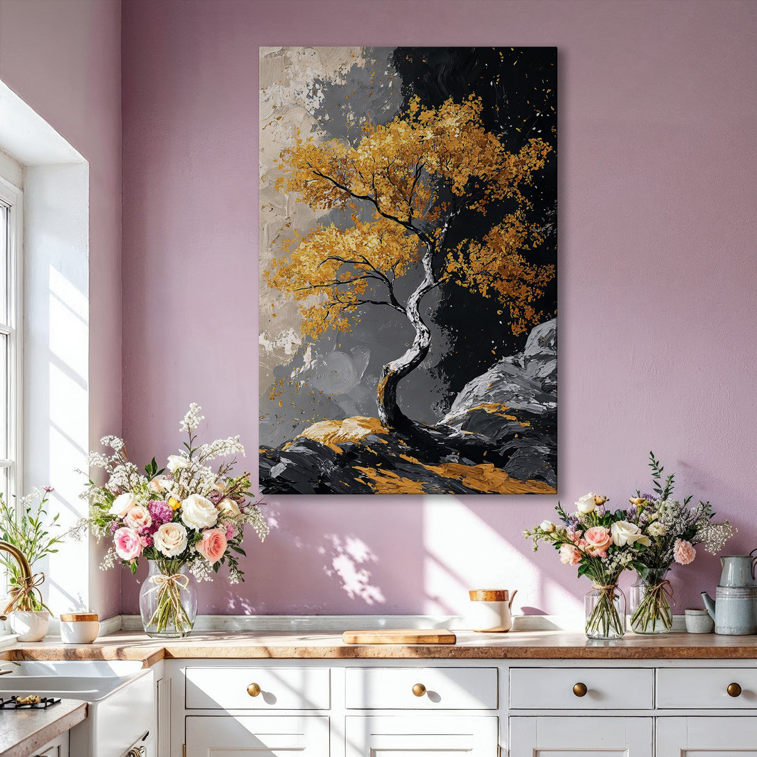 Framed Wall Art: Abstract gold tree painting with black, gray, and gold tones. Modern art canvas print adds elegance to any living room.