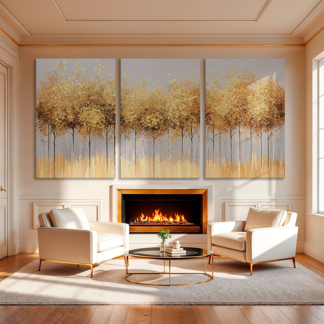 Abstract gold trees Canvas Print, perfect for modern decor. Warm gold and gray color palette adds elegance to any room. Shop now for stylish wall art!