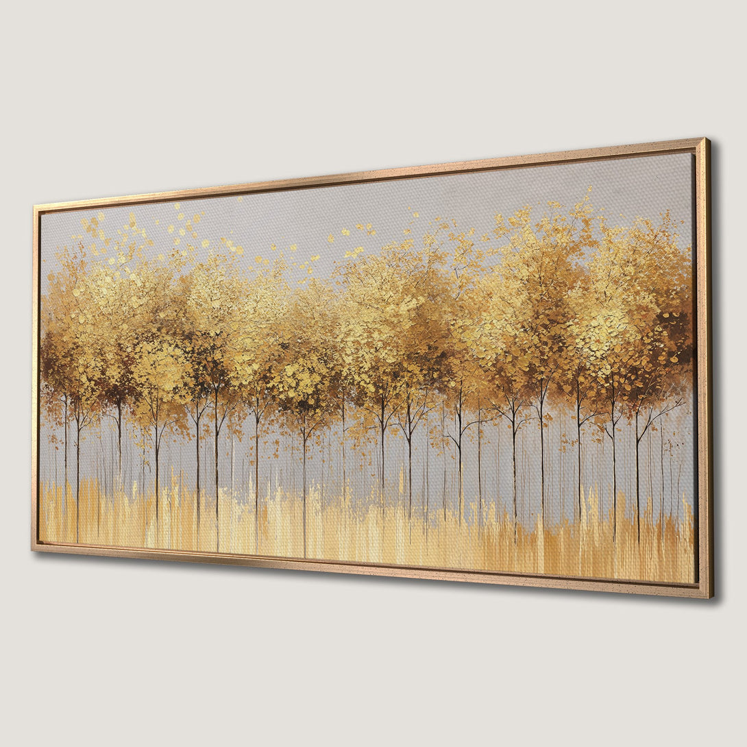 Framed Wall Art: Abstract gold trees on a gray background. Modern canvas print with a warm, neutral color palette, perfect for any interior.