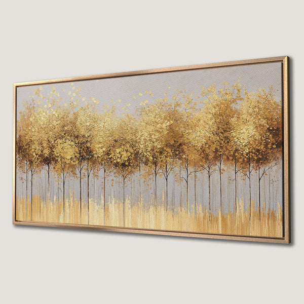 Framed Wall Art: Abstract gold trees on a gray background. Modern canvas print with a warm, neutral color palette, perfect for any interior.