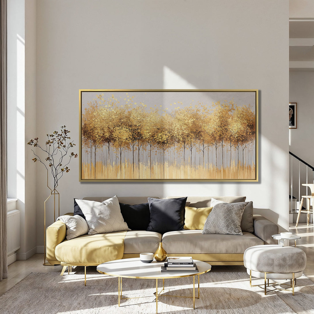 Canvas Print of golden trees artwork, modern style, warm gold and neutral color palette, perfect for living room decor.