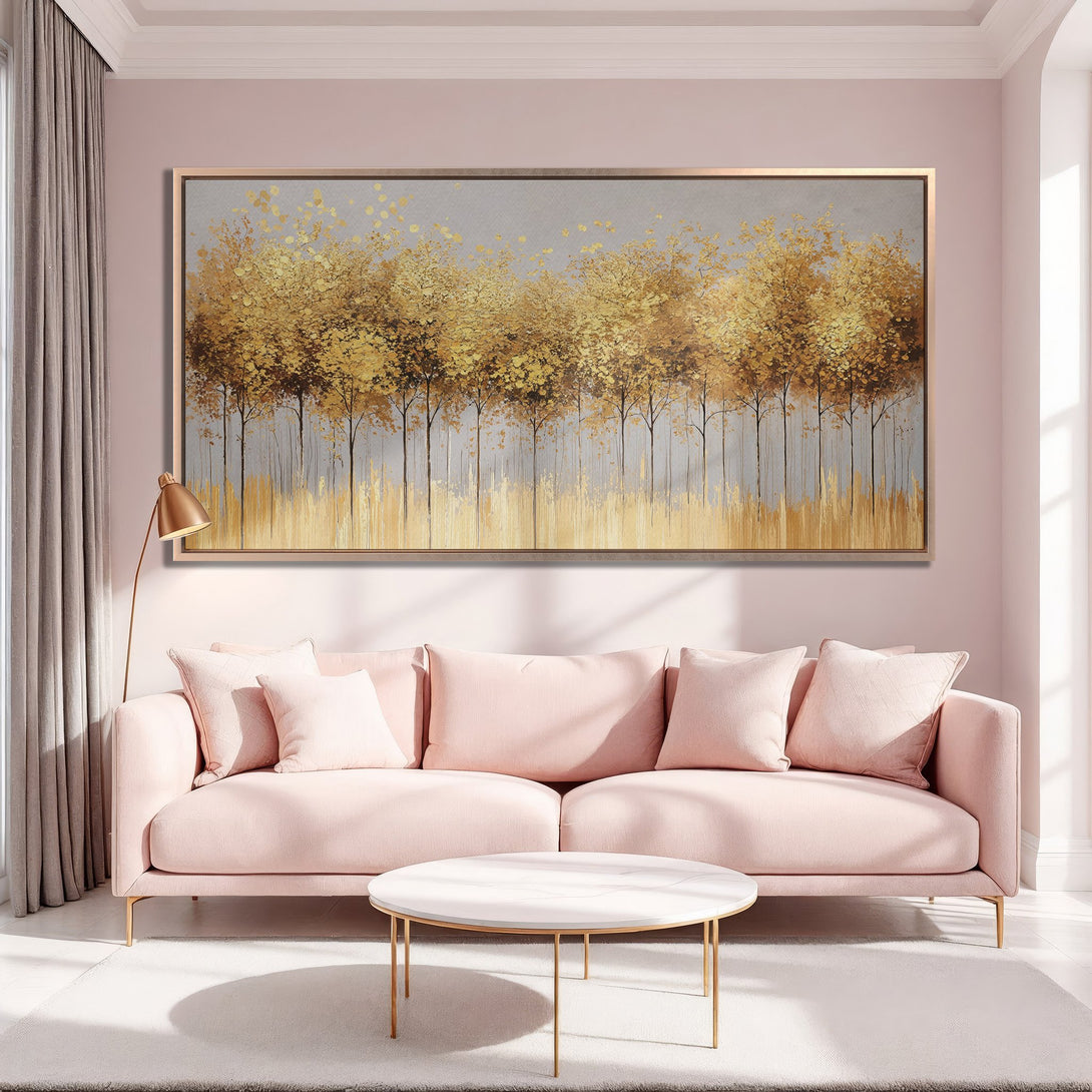 Framed Wall Art: Golden trees painting in a modern style. Warm gold and gray hues create a calming, elegant atmosphere for your home.