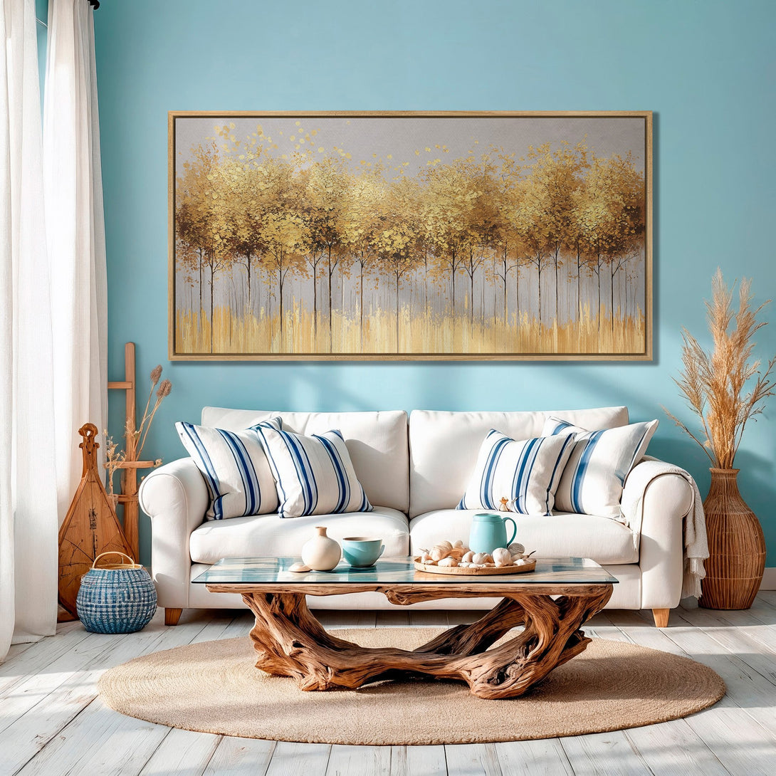Framed Wall Art: Abstract gold tree painting in a serene living room. Warm, inviting color palette. Perfect for adding art to your home!