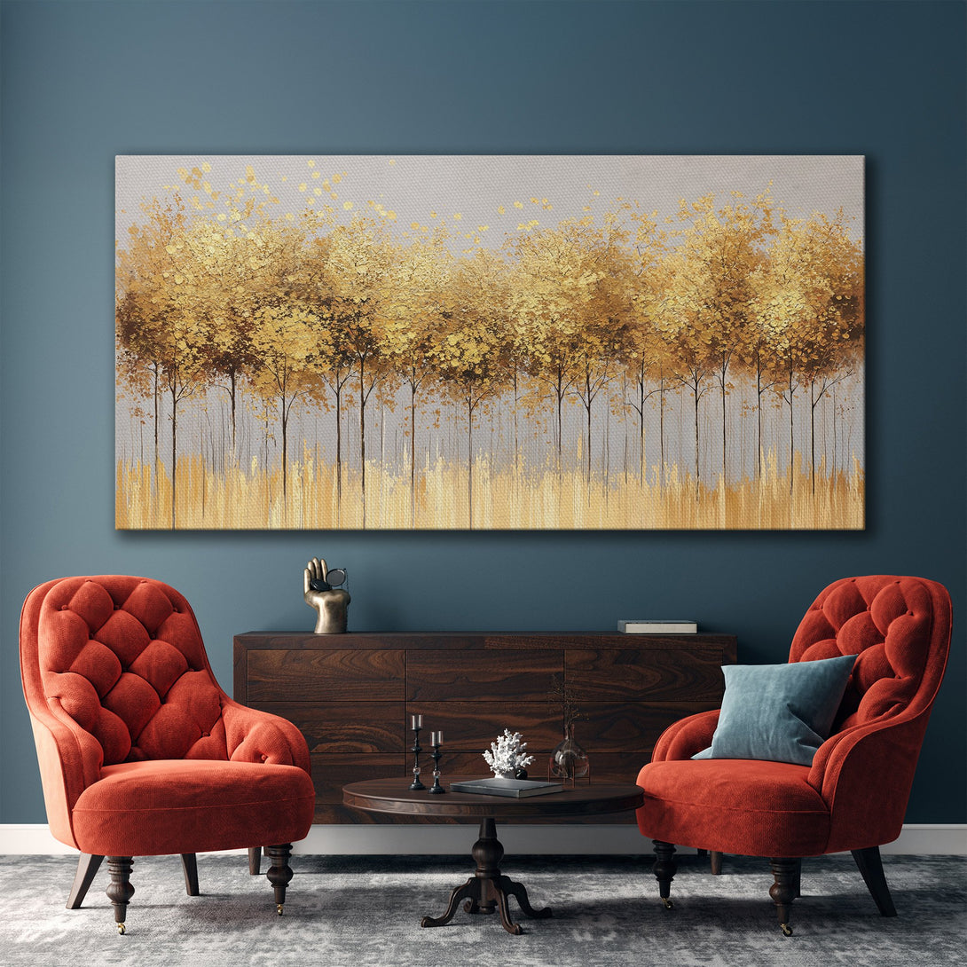 Framed Wall Art: Abstract gold trees painting in a modern interior. Warm, neutral color palette. Elevate your space with this stunning canvas print.