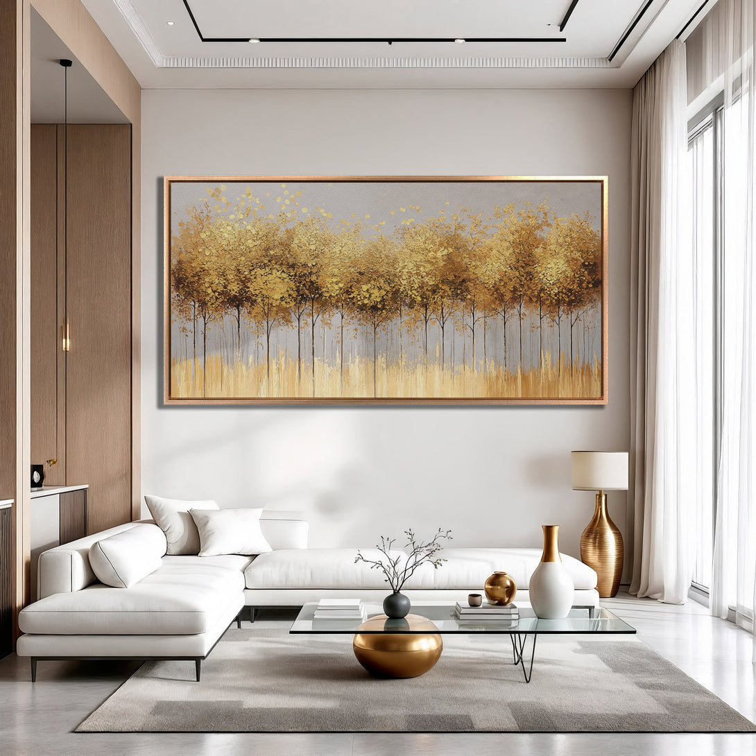 Framed Wall Art: Abstract gold trees canvas print. Modern, elegant art with a neutral, warm color palette. Perfect for living room decor.