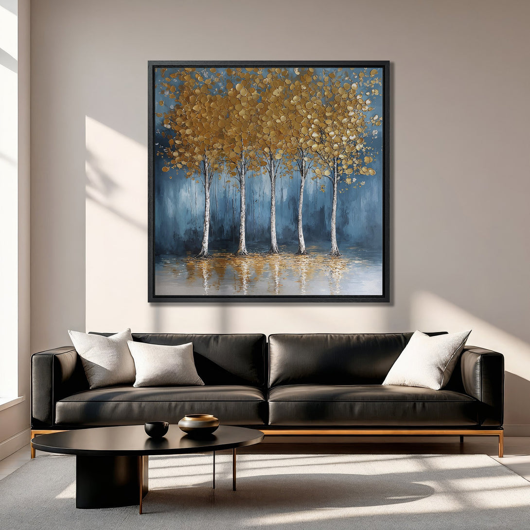 Framed Wall Art: Abstract gold trees on blue canvas. Modern art for living room decor. Rich color palette. Elevate your space with this stunning artwork.
