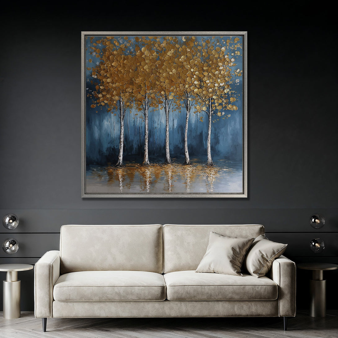 Framed Wall Art: Abstract gold leaf trees on canvas. Modern art with blue and gold color palette. Perfect for living room decor.