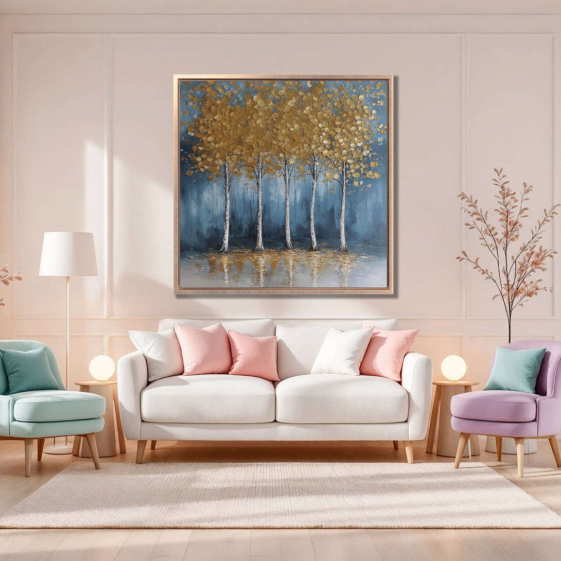 Framed Wall Art: Gold leaf tree painting in a modern living room. Blue, gold, and neutral color palette. Elevate your space with this stunning artwork.