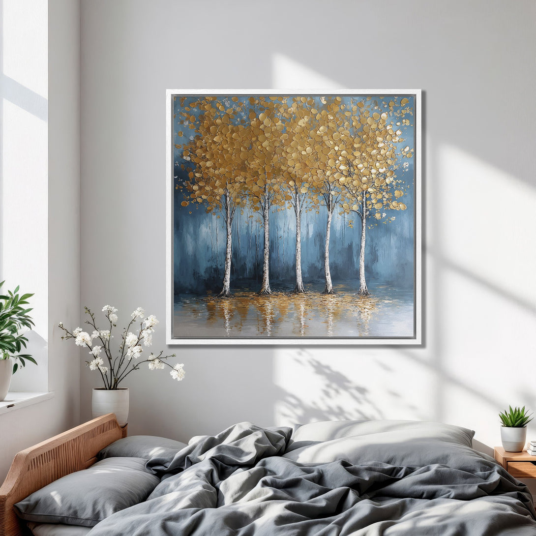 Framed Wall Art: Abstract gold leaf trees on a blue background. Modern art canvas print with a calming, elegant color palette for bedroom decor.