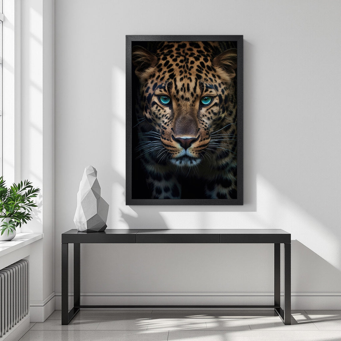 Framed Poster featuring a leopard with striking blue eyes. Modern style, warm brown and black tones, perfect wall art for your home.
