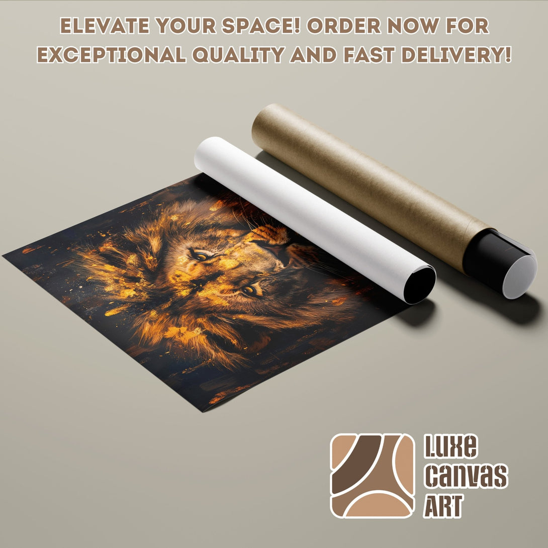 Lion art Poster Roll, striking black & gold palette, perfect for modern decor. Order now for fast delivery!