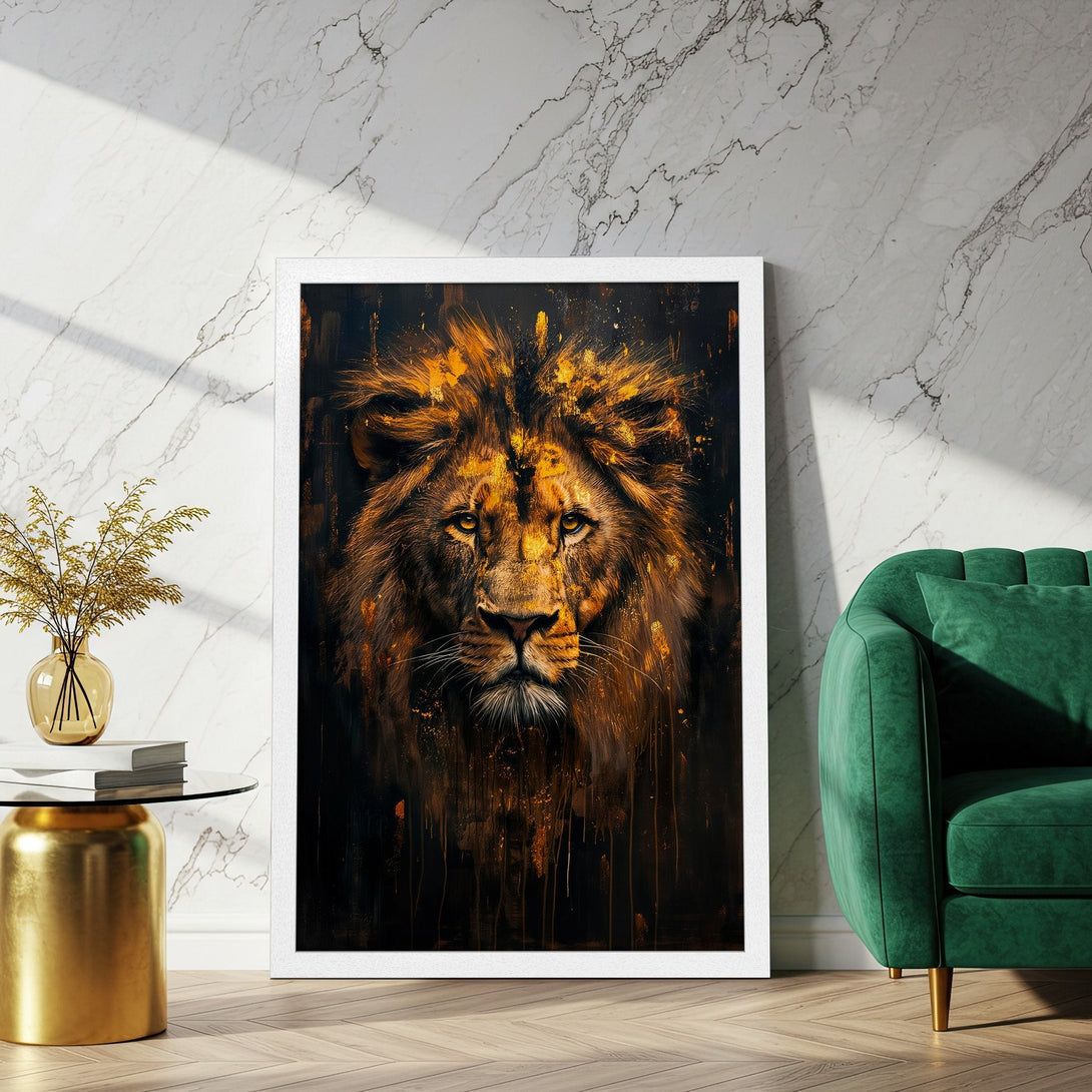 Framed Poster featuring a majestic lion portrait in warm gold and black tones. Add a touch of wild elegance to your space!