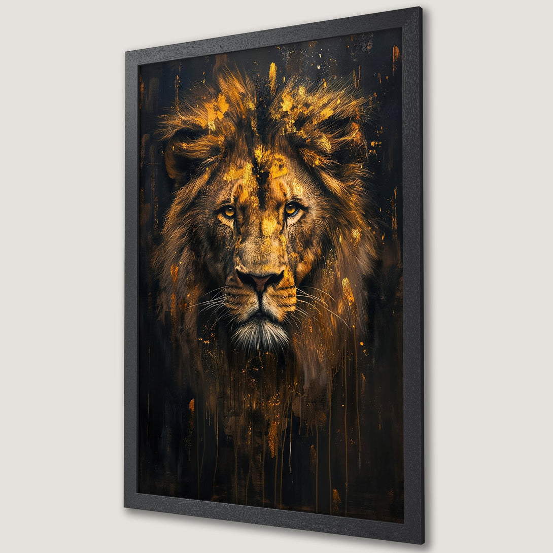 Framed Poster featuring a majestic lion in a dramatic, abstract style with gold and black color palette. Add a touch of power to your space!