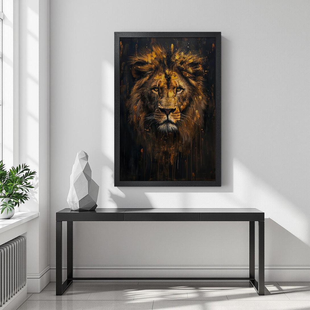 Framed Poster featuring a majestic lion in a bold, artistic style with a warm gold and black color palette. Elevate your decor!