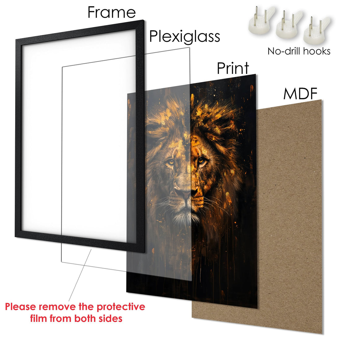 Framed Poster: Majestic lion art print in warm gold and black tones. Elevate your space with this stunning, ready-to-hang poster.