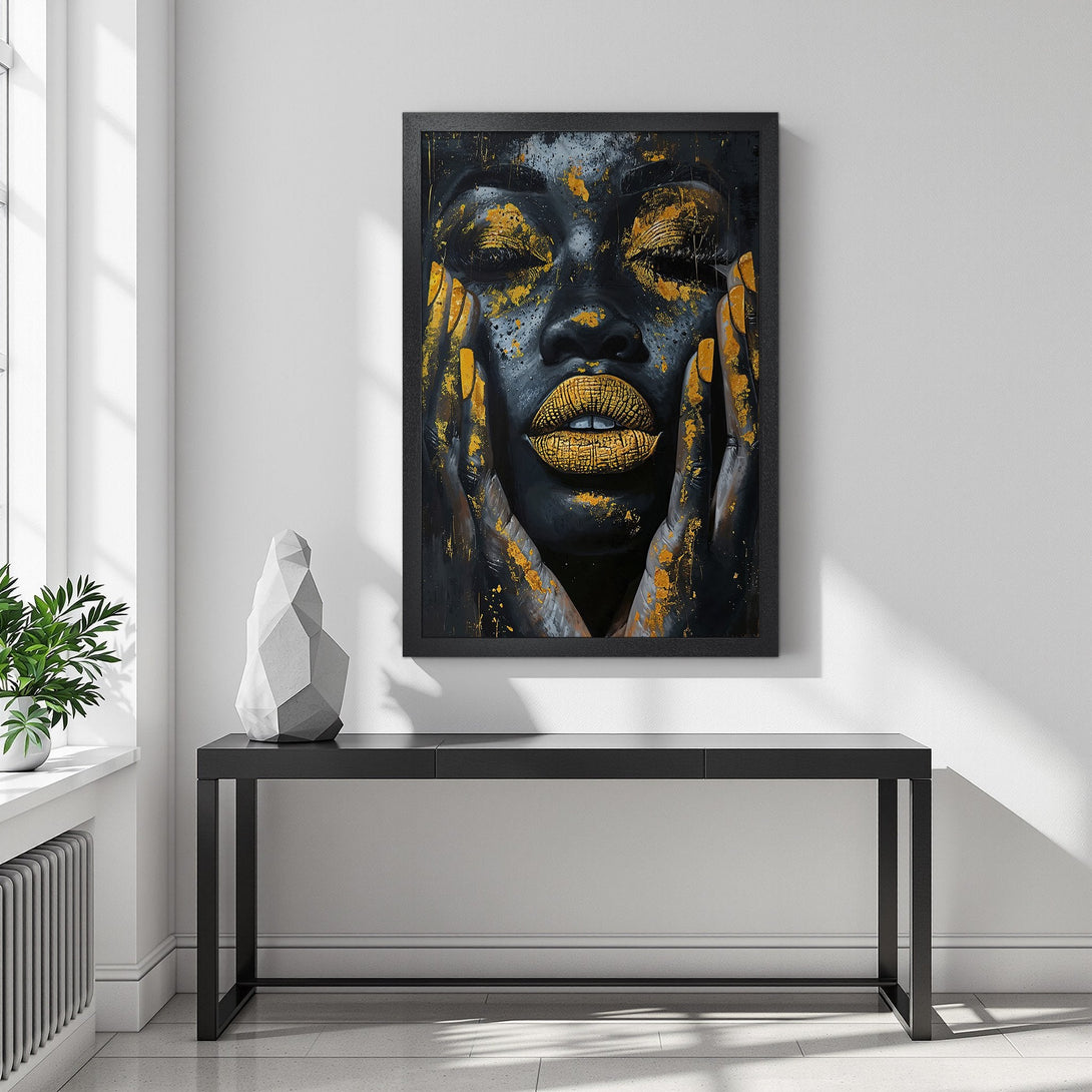 Framed Poster featuring a striking black woman portrait with gold accents. Modern art style, bold color palette. Perfect wall decor!