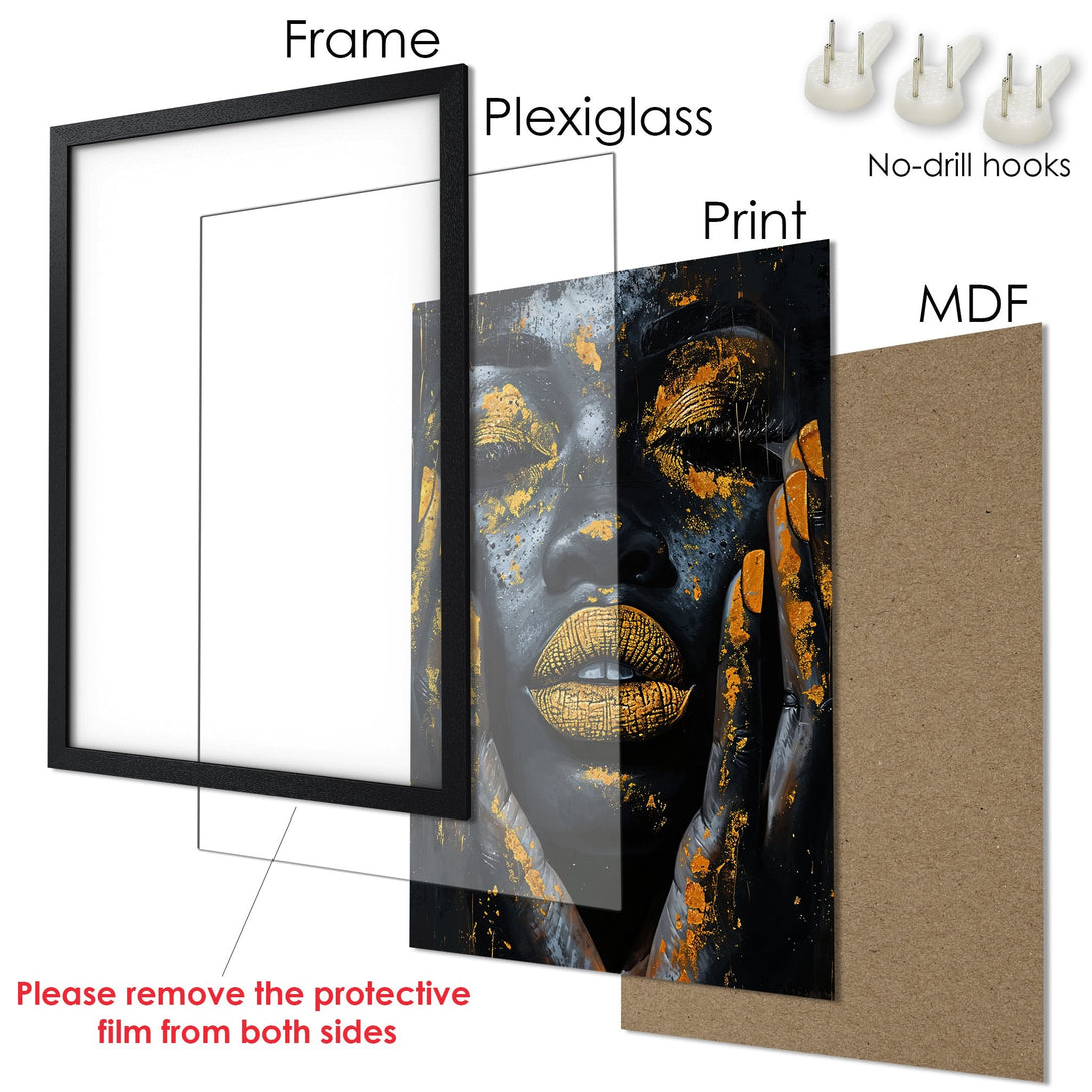 Framed Poster featuring a striking portrait with gold accents on a black and gray background. Modern art print for your home decor.