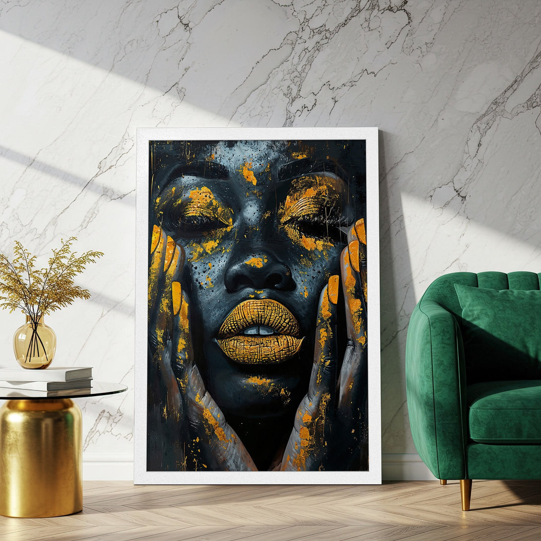 Framed Poster featuring a striking black woman with gold accents. Modern art style, bold black & gold color palette. Perfect wall decor!