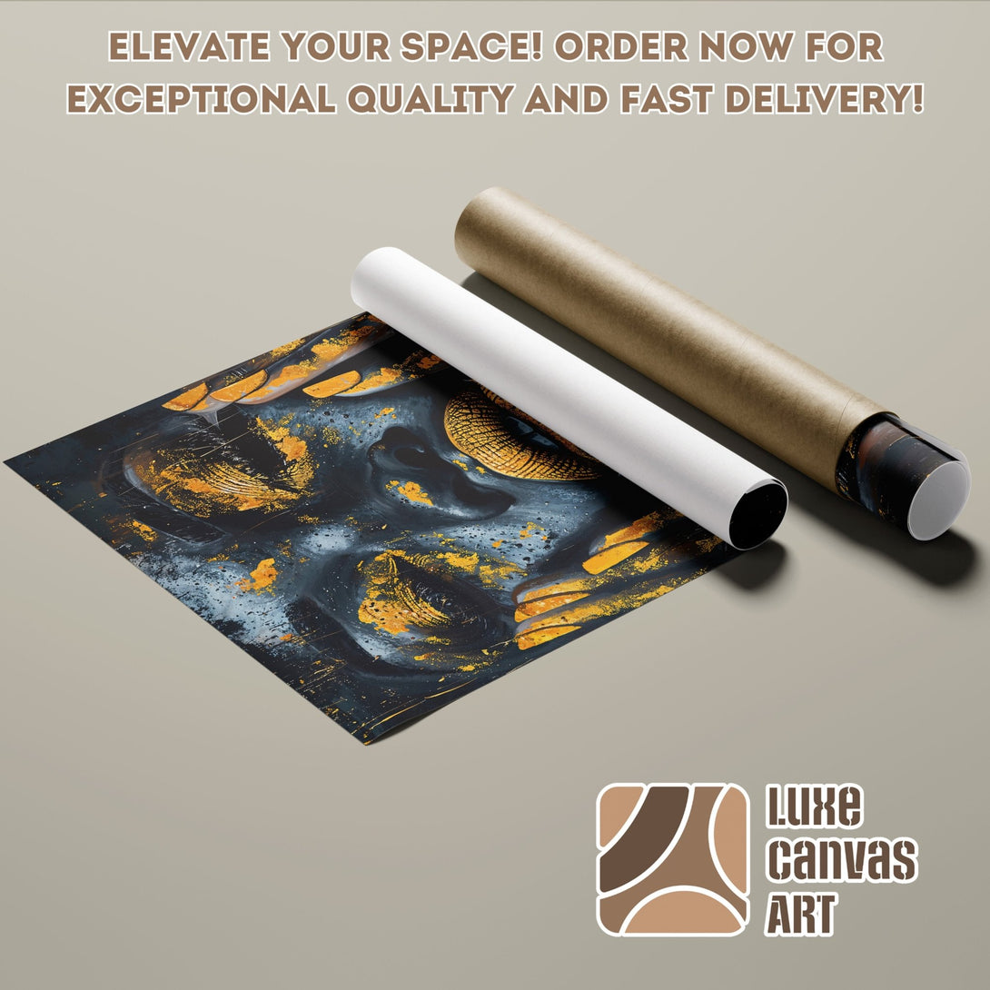 Abstract art poster roll with navy, gold, and gray color palette. Elevate your space with this stunning Poster! Order now for fast delivery.