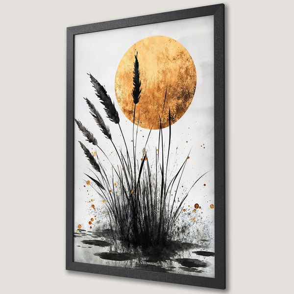 Framed Poster: Abstract art print of reeds against a golden sun. Black, white, and gold color palette. Perfect wall decor.