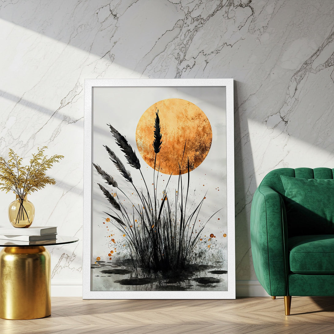 Framed Poster featuring abstract watercolor reeds and sunset. Earthy tones of orange, black, and gold. Modern art for home decor.