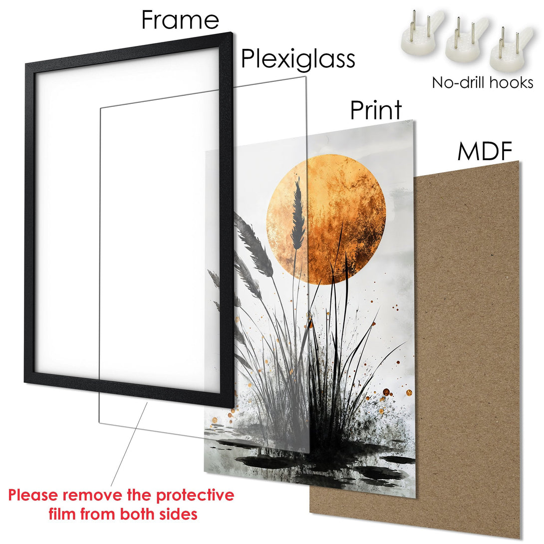 Framed Poster featuring a serene watercolor landscape with a golden sun, black and grey accents. Enhance your space with this beautiful art print.