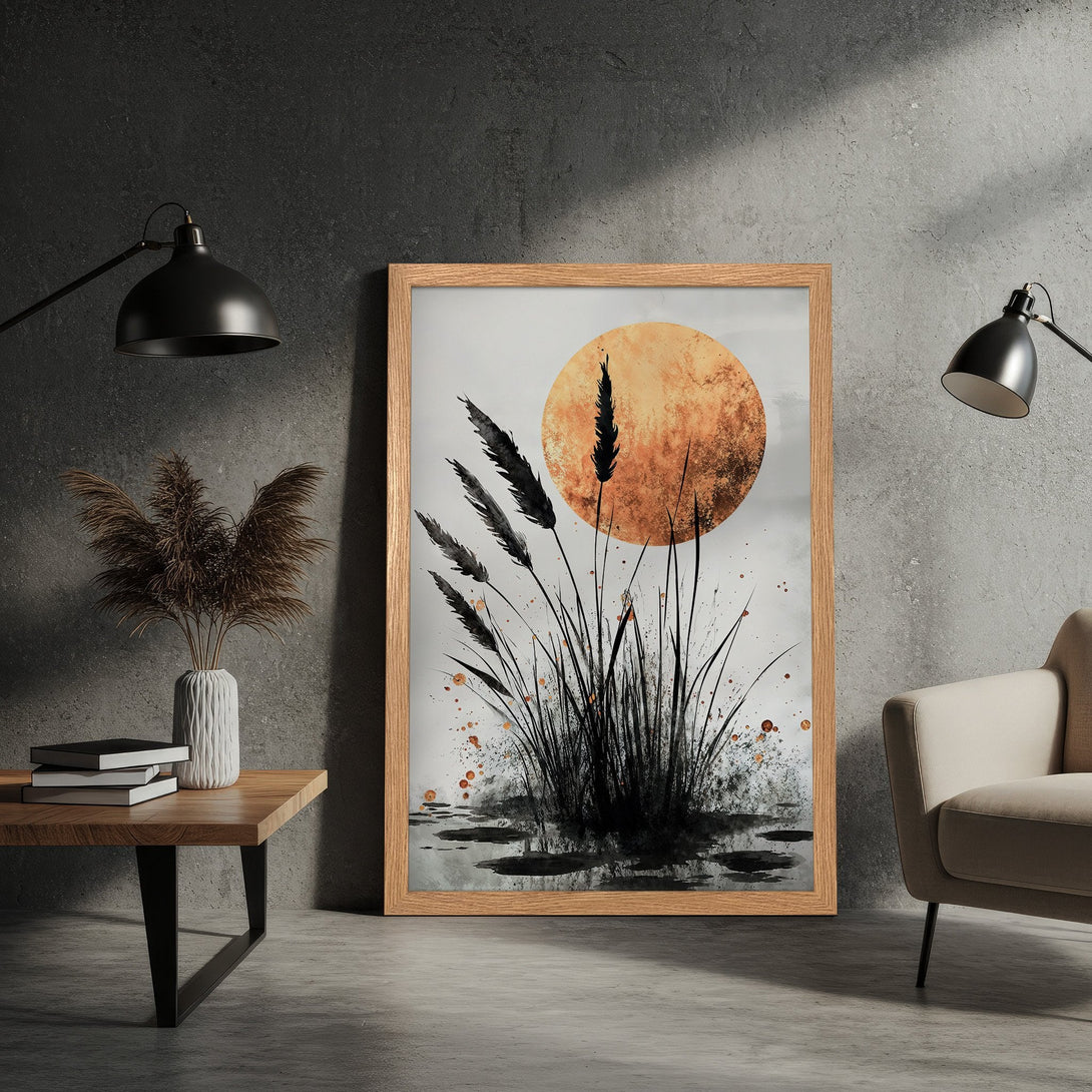 Framed Poster: Abstract art print with black reeds, orange sun, and neutral tones. Modern wall decor for a stylish home.