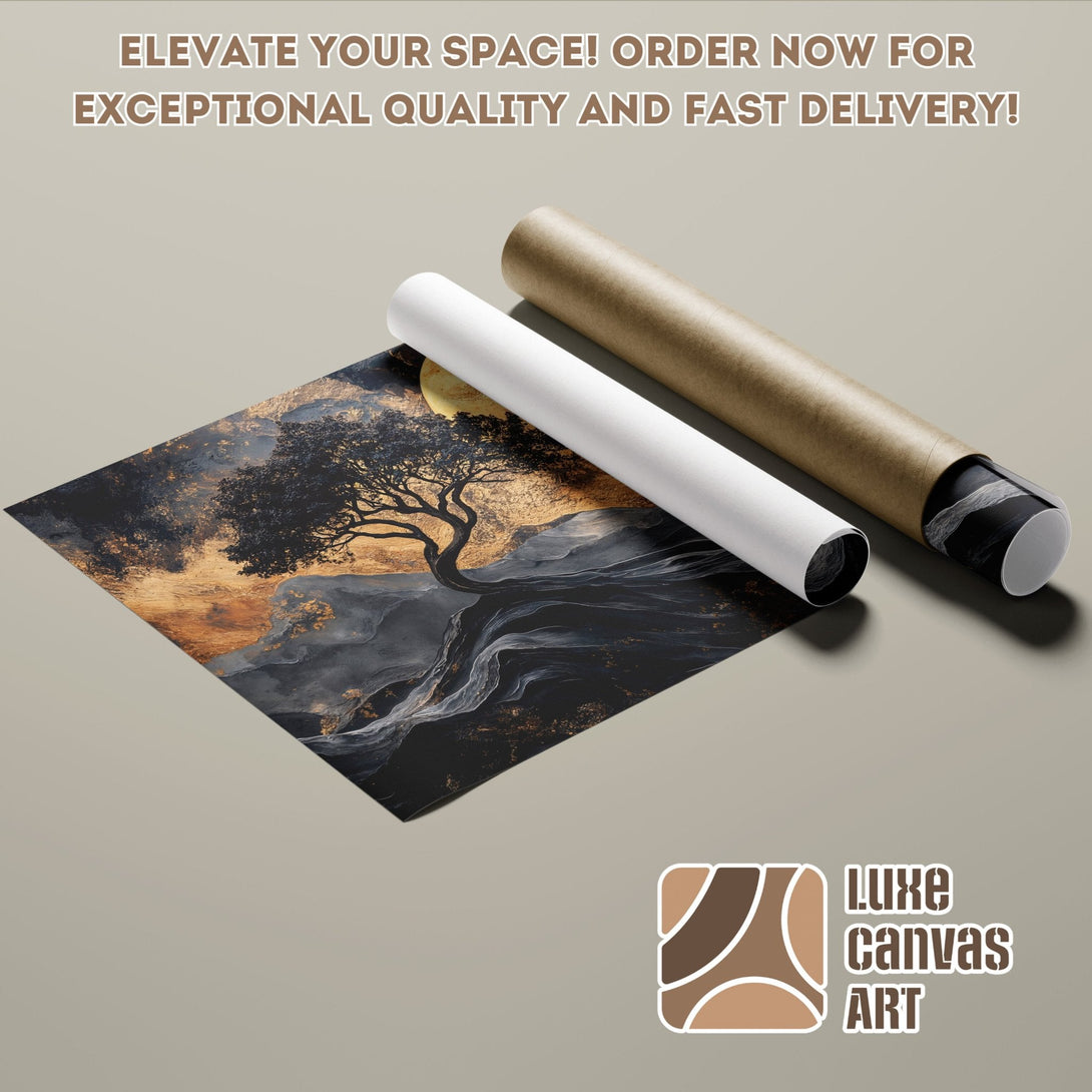 Abstract tree Poster Roll in black, gold, and gray tones. Elevate your space!