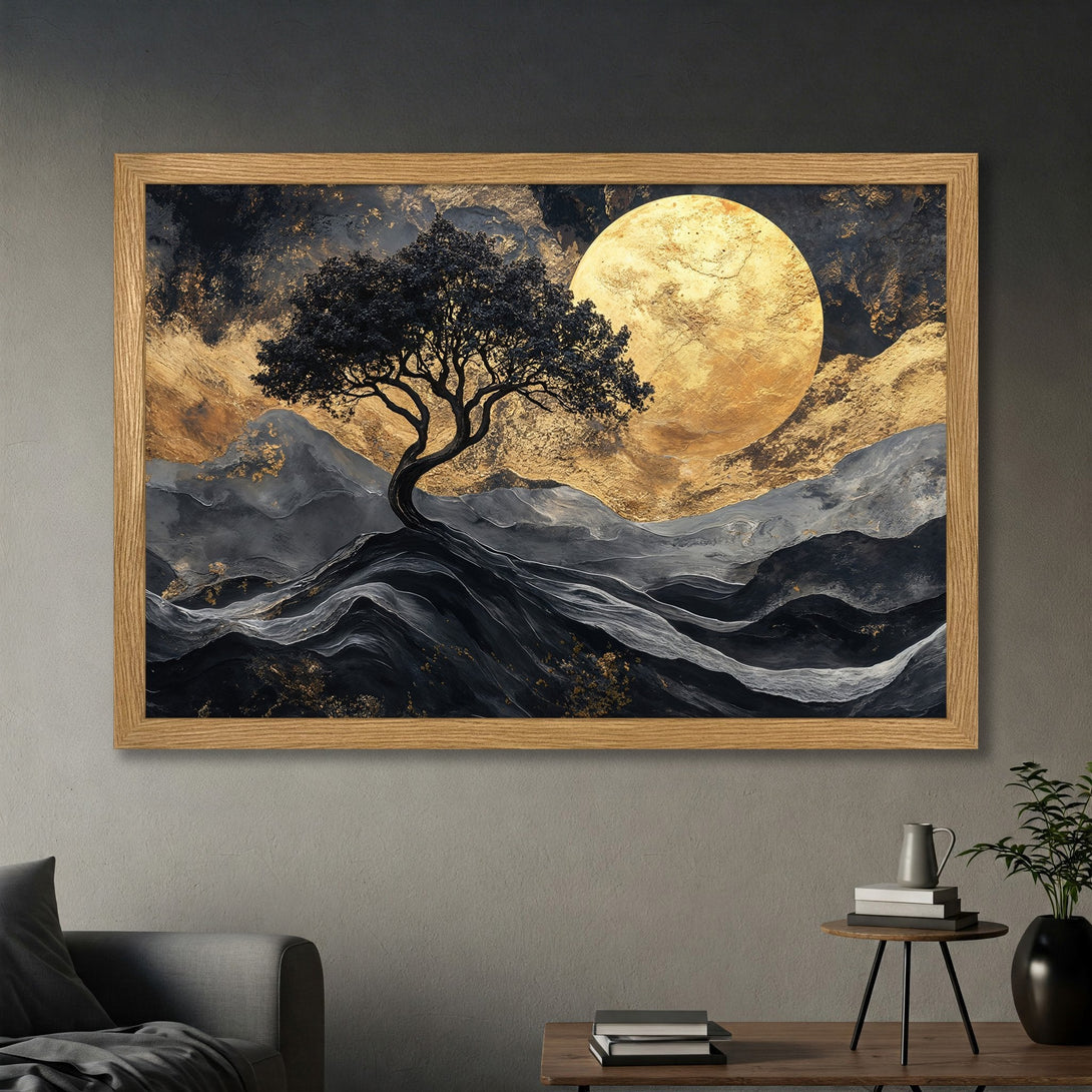 Framed Poster featuring a tree silhouette against a golden moon, in a modern abstract style with a black, gold, and gray color palette. Perfect wall art!