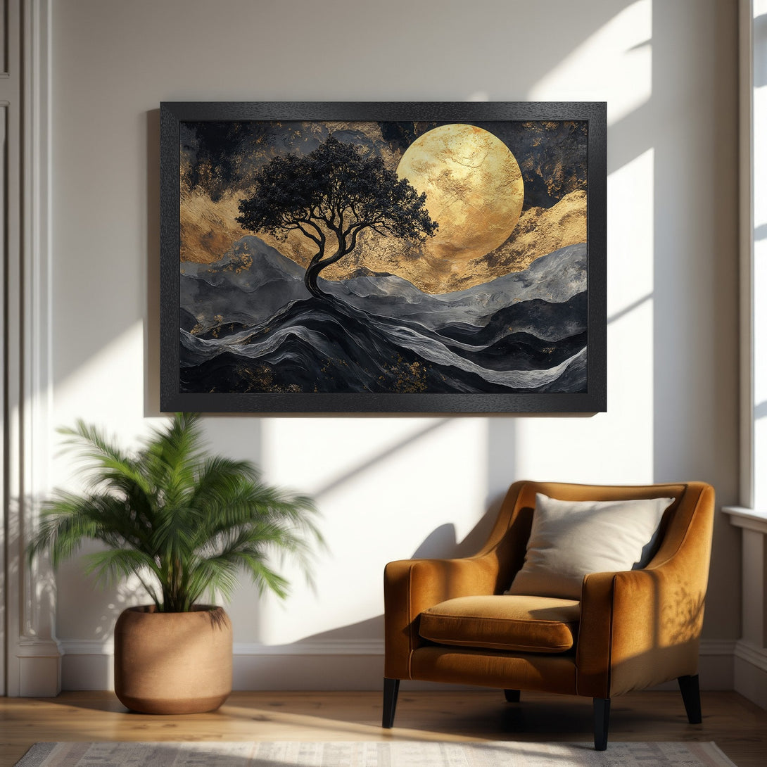 Framed Poster featuring a tree silhouette against a golden moon. Abstract style with black, gold, and gray tones. Perfect wall art!