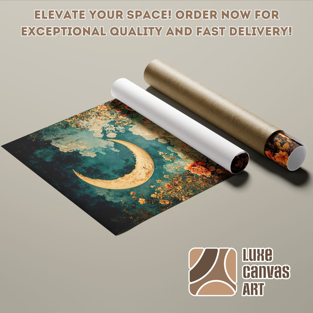 Poster Roll featuring a dreamy moon and floral art in teal and gold tones. Elevate your space with this stunning art!