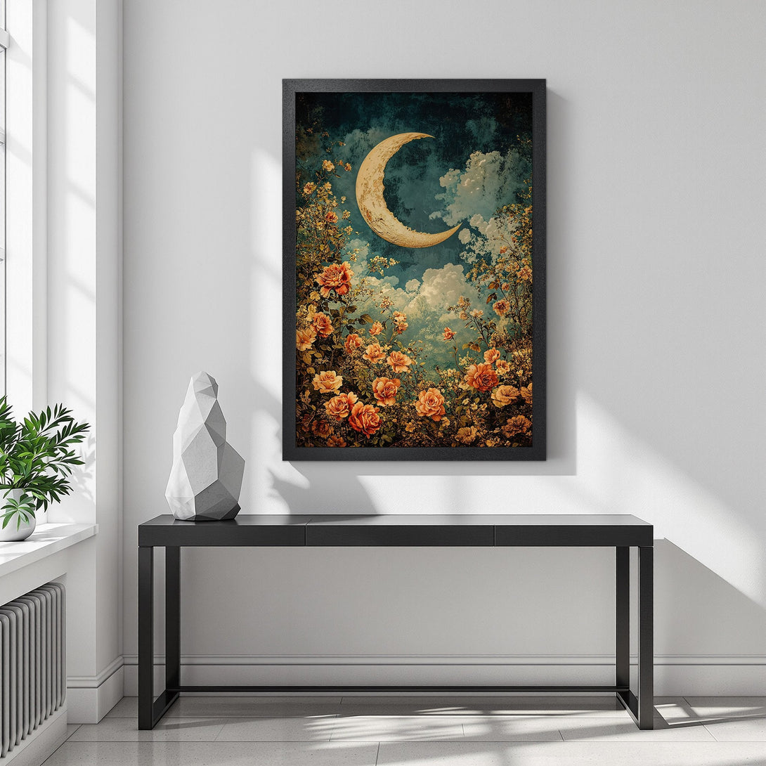 Framed Poster featuring a crescent moon and floral design in a vintage style with a teal and orange color palette. Perfect wall art!