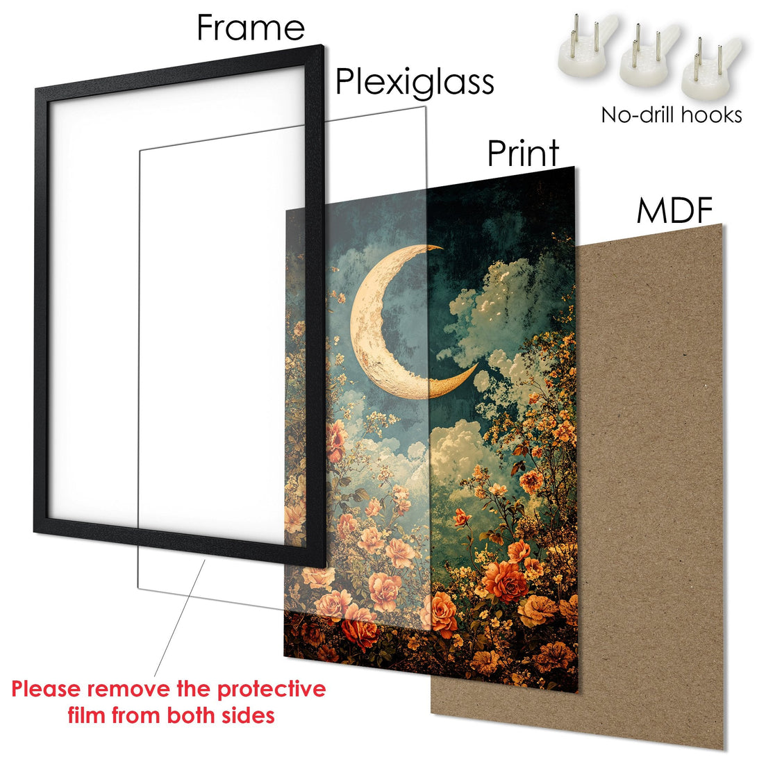 Framed Poster featuring a dreamy moon and floral scene, with a vintage aesthetic and warm color palette. Perfect wall art!