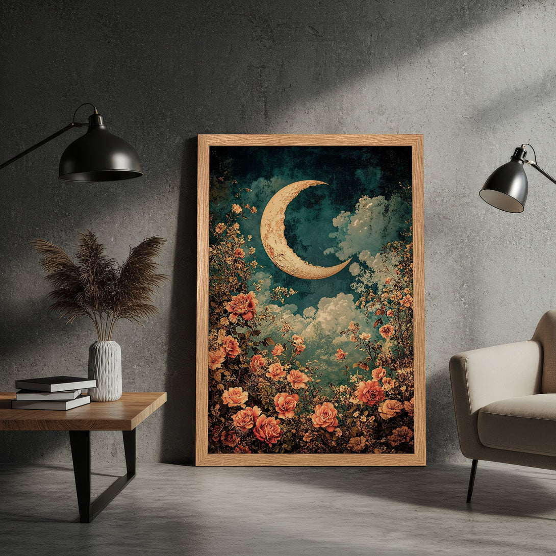 Framed Poster featuring a crescent moon and floral art in vintage style, with a teal and peach color palette. Perfect wall decor!