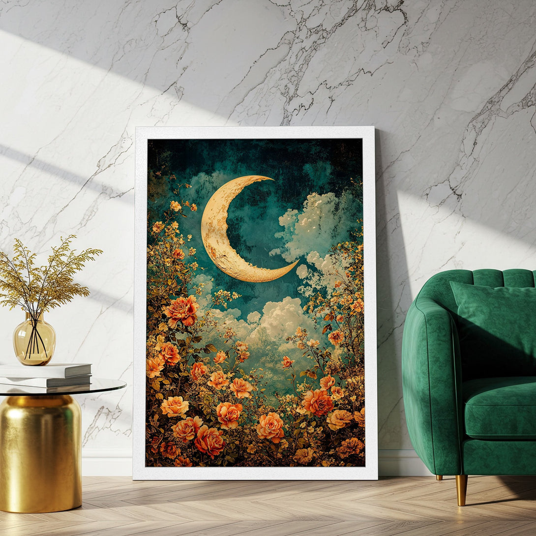 Framed Poster featuring a whimsical moon and floral design in warm tones. Perfect art for your home!