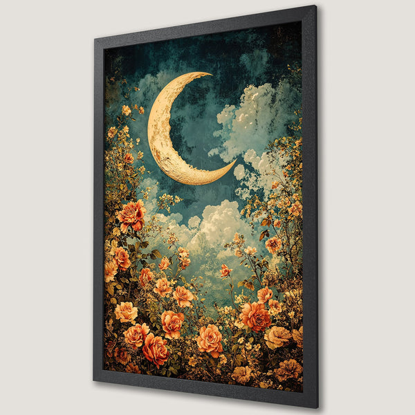 Framed Poster featuring a crescent moon, floral art, and a vintage color palette. Perfect wall decor for a dreamy aesthetic.