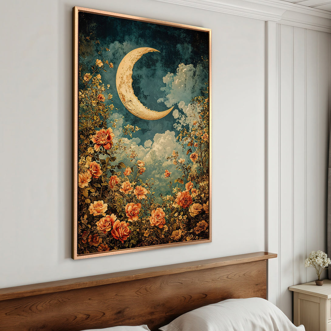 Framed Wall Art: Vintage floral moon scene. Romantic canvas print with warm orange, teal, and gold tones. Perfect for bedroom decor.