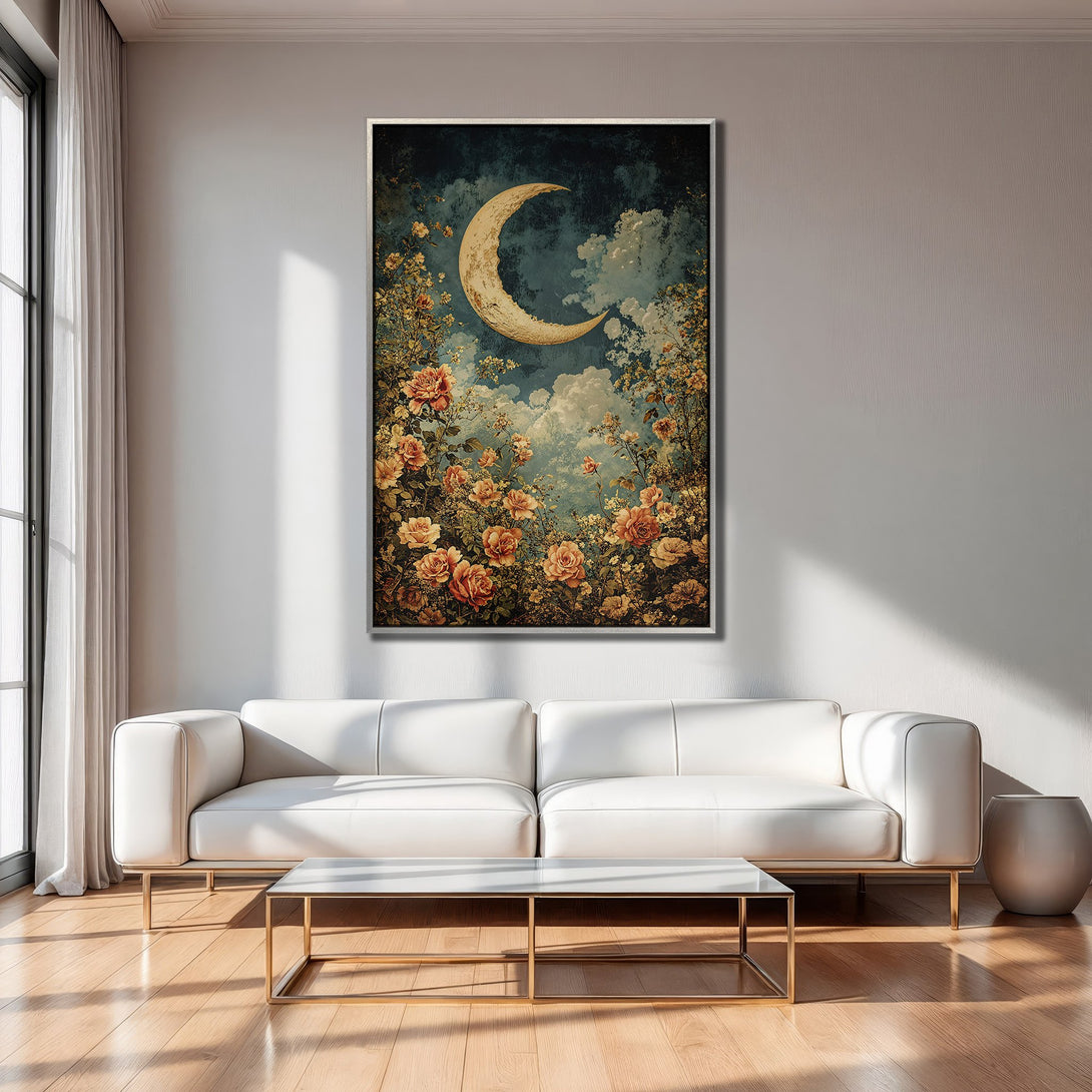 Framed Wall Art: Vintage moon and rose canvas print, featuring a romantic floral design in warm, muted tones. Perfect for adding a touch of elegance to any room.