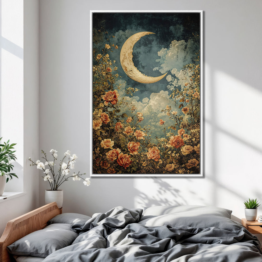 Framed Wall Art of a crescent moon and floral scene in a bedroom. Romantic, vintage style with warm, earthy tones and a touch of blue.