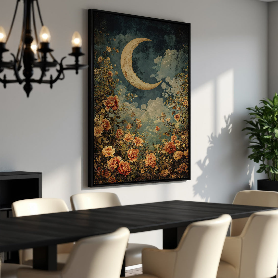 Framed Wall Art featuring a crescent moon and floral design in a vintage style with a warm, earthy color palette. Perfect for adding a touch of elegance.